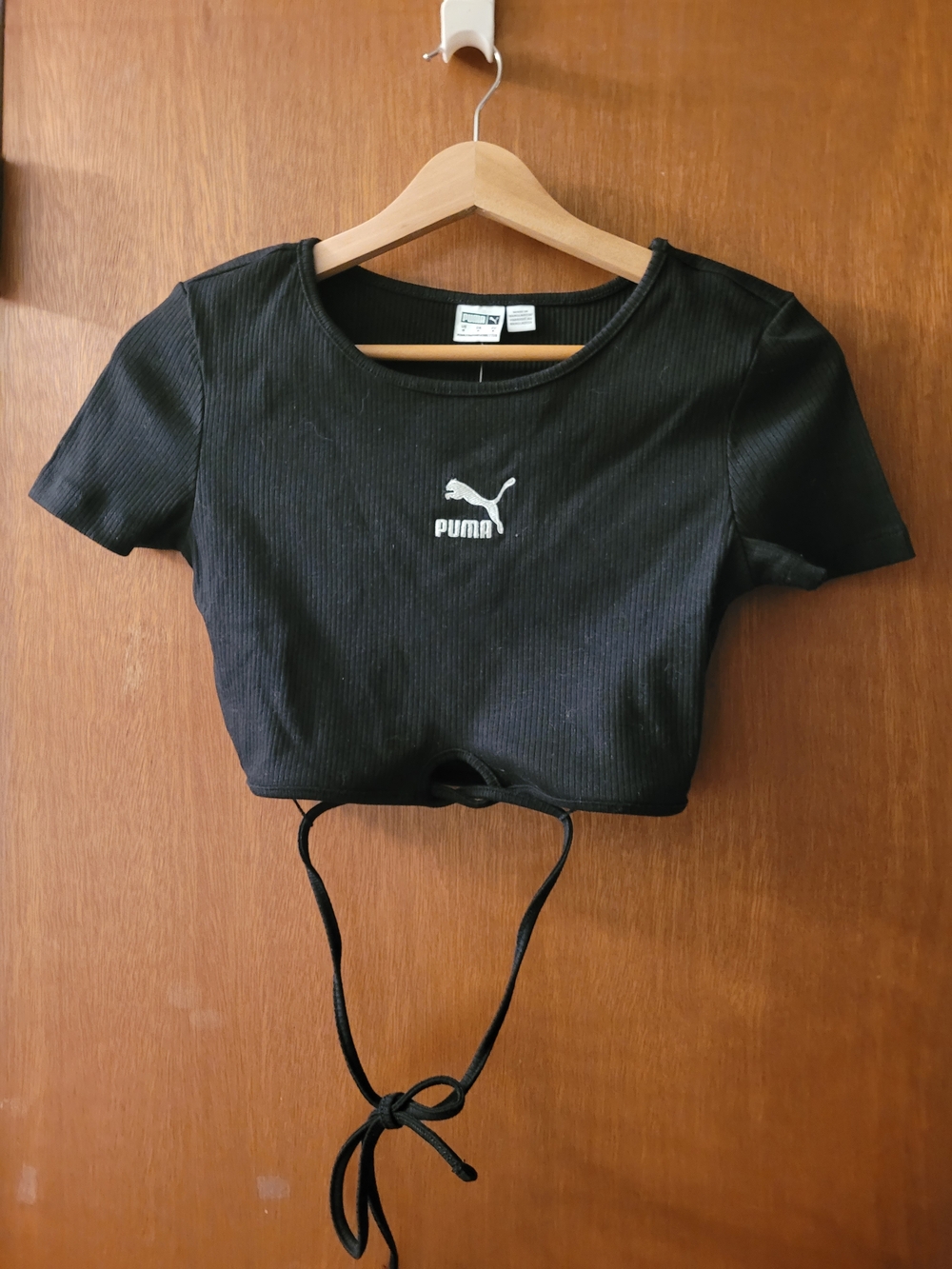 PUMA Black Ribbed Short-Sleeve Tie-Front Crop Top